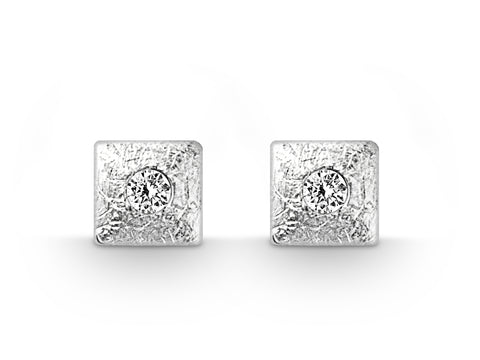 Silver Diamond Square Textured Stud Earrings