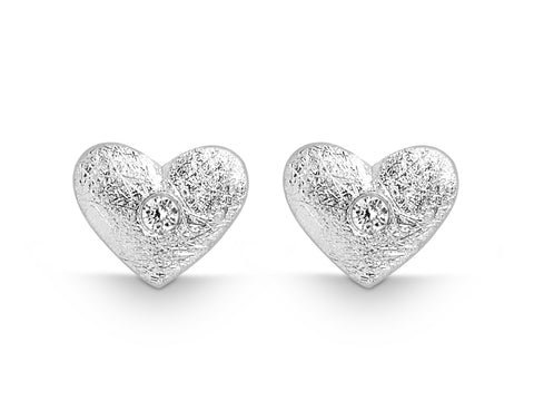 Silver Diamond Heart Textured Stud Earrings