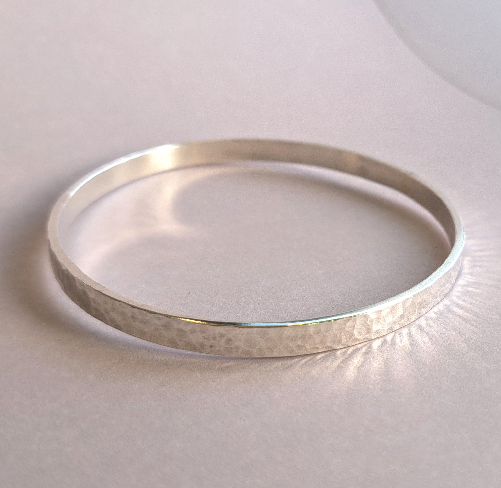 Silver Round Hammered Bangle - Light Flat-Strip Wire