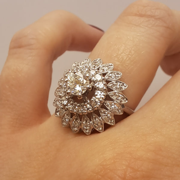 14ct White Gold Diamond Flower Layer Dress Ring