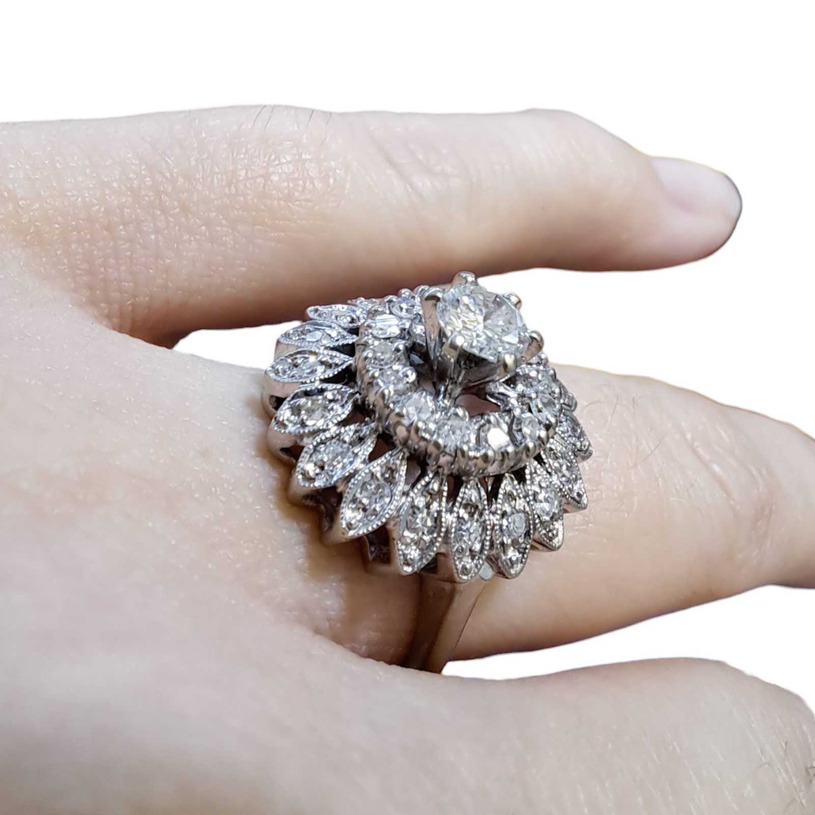 14ct White Gold Diamond Flower Layer Dress Ring