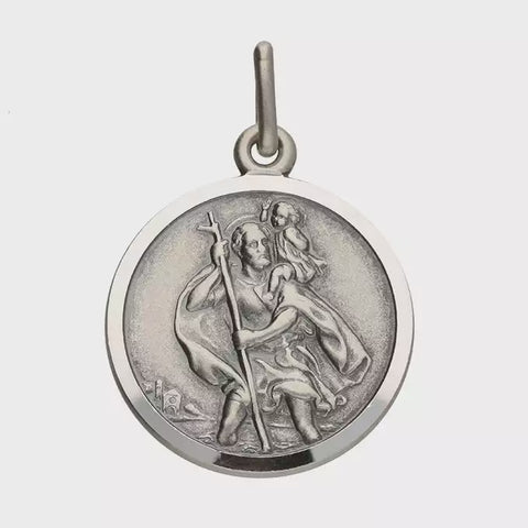 Silver Circular St Christopher Pendant with Antique Finish on 20" chain.