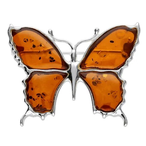 Large Amber & Silver Butterfly Brooch