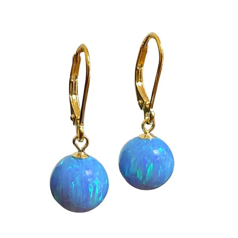 Gold Blue Sea Opalite Round Drop Earrings