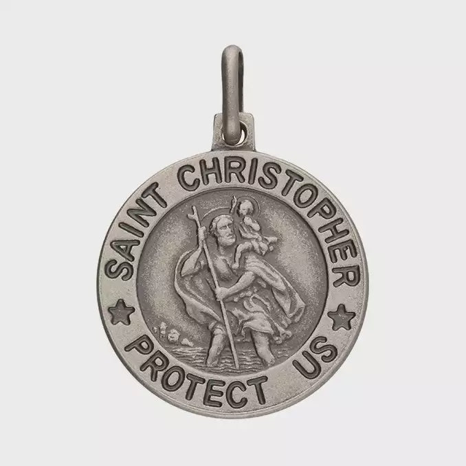 Silver Oxidised 18mm Round St Chrisopher Pendant on 20" Chain.