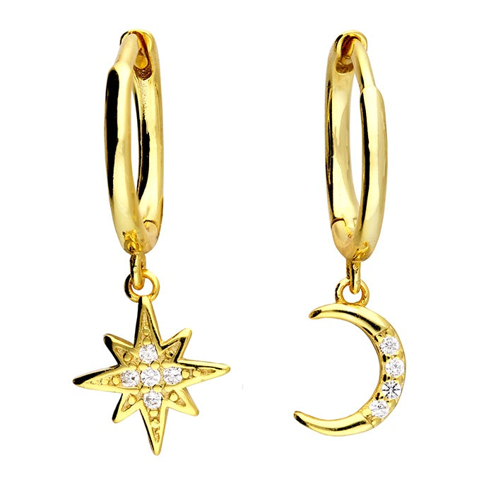 Yellow Gold Asymmetrical Zirconia Moon & Star Huggie earrings