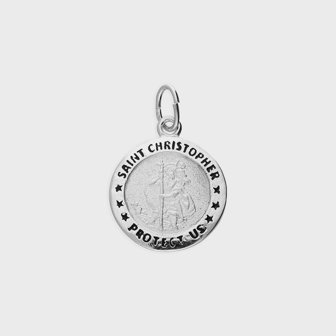 Silver 14mm St Christopher Pendant on 18" Silver Chain with 'Saint Christopher Protect Us' engraving.