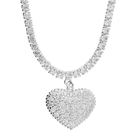 Sterling Silver White CZ Tennis and Pave Heart Necklace