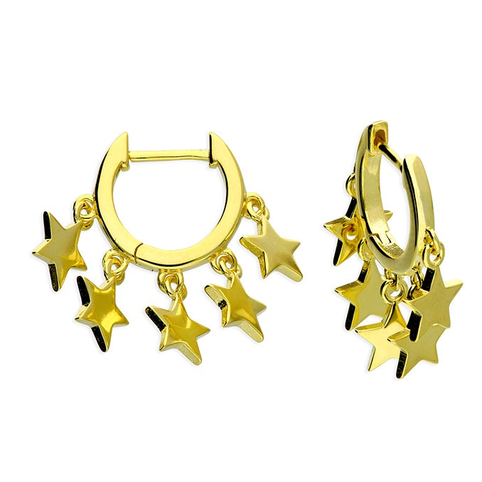 Yellow Gold Multi Star Drop Huggie Earrings