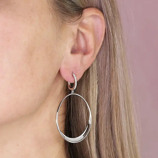 Silver Cubic Zirconia Hoop-Drop Huggie Earrings