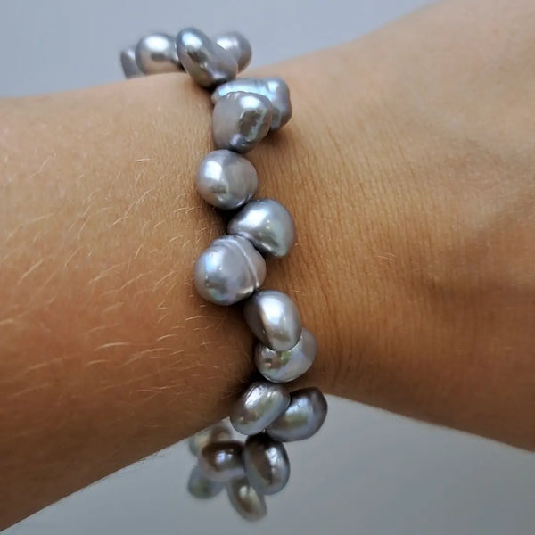 Sterling Silver Side Drilled Grey Pearl Bracelet