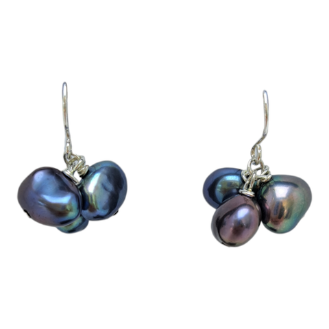 Sterling Silver 3 Pearl Bunched Hook Earrings in Black