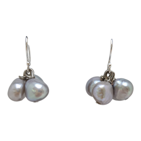 Sterling Silver 3 Pearl Bunched Hook Earrings in Grey