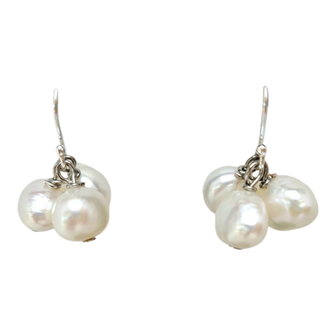 Sterling Silver 3 Pearl White Bunched Hook Earrings