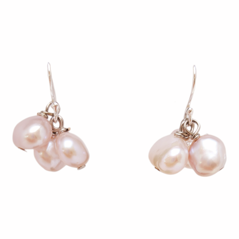 Sterling Silver 3 Pearl Bunched Hook Earrings in Pink