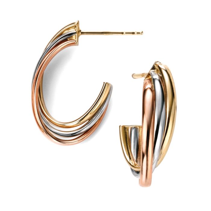 9ct Yellow, White & Rose Gold Open Hoop Earrings