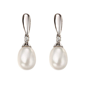 9ct White Gold Freshwater Pearl & Diamond Drop Earrings