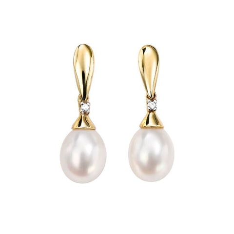 9ct Yellow Gold  Diamond & Freshwater Pearl Drop Earrings