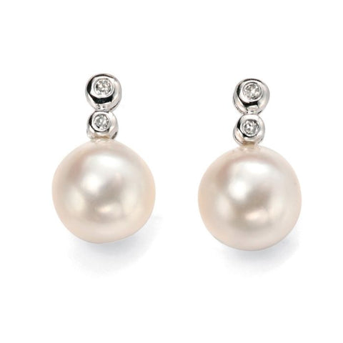 9ct White Gold Freshwater Pearl with Diamond Stud Earrings