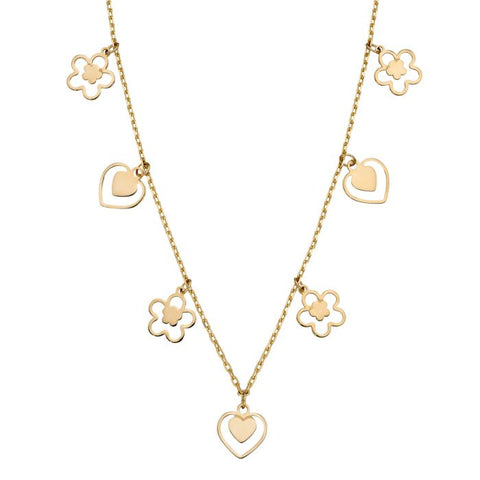 9ct Yellow Gold Heart & Flower Charm Necklace