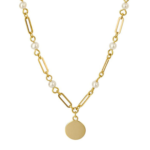 9ct Yellow Gold Pearl Link Chain Disc Necklace