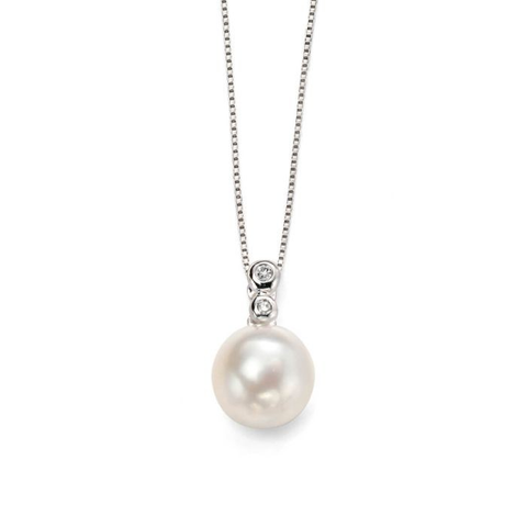 9ct White Gold Freshwater Pearl with Diamond Bale Pendant Necklace