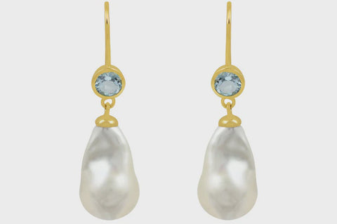 Gold Mona Baroque Pearl and Blue Topaz Earrings