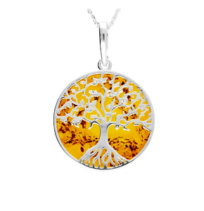 Amber and Silver Tree Necklace - Medium