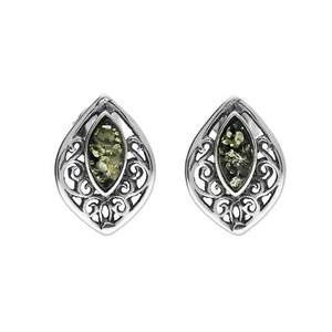 Silver Green Amber Gem Oval Studs