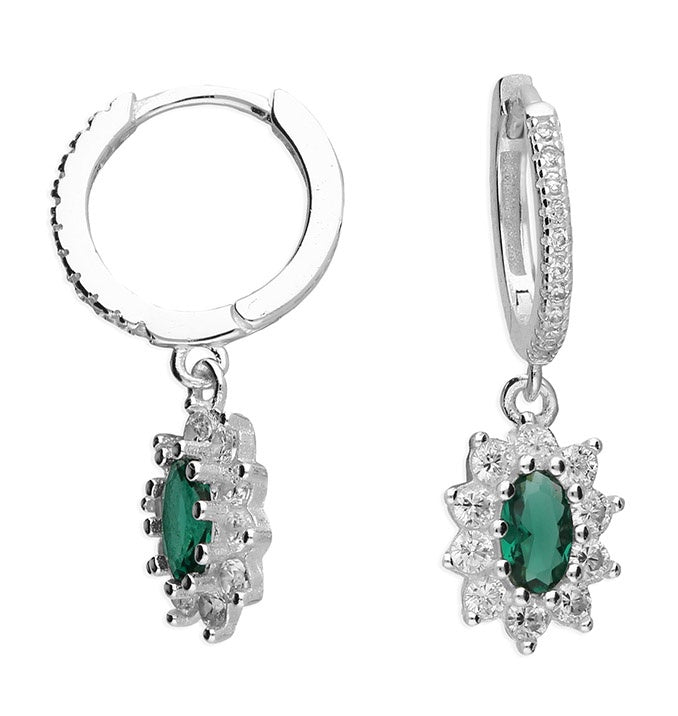 Silver Green Flower Charm Huggie Hoops