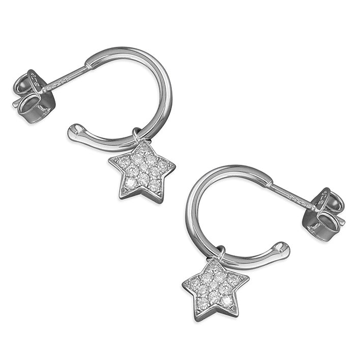 Sterling Silver Star Charm Stud Hoops