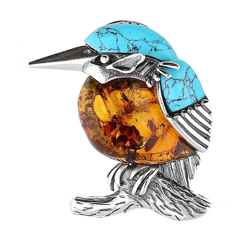 Turquoise & Amber Kingfisher Brooch