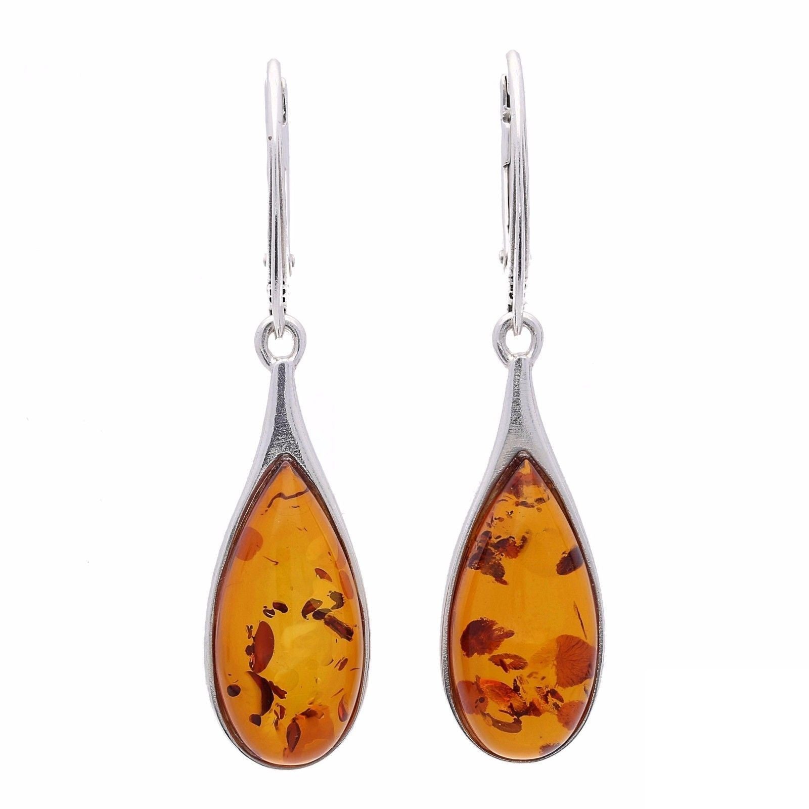 Amber & Silver Long Teardrop Earrings