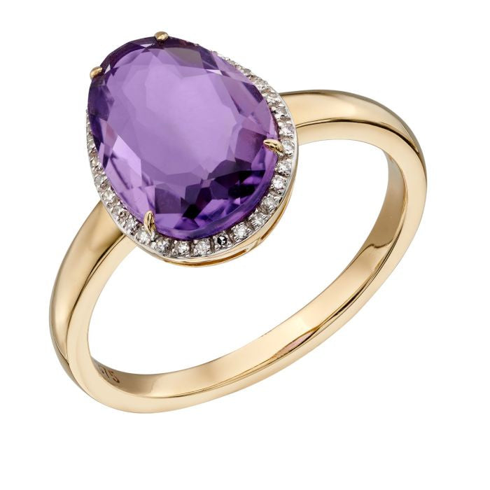 9ct Yellow Gold  Diamond & Amethyst Ring