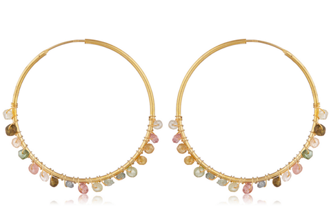 Gold Adore Pink & Green Tourmaline Gemstone Hoops